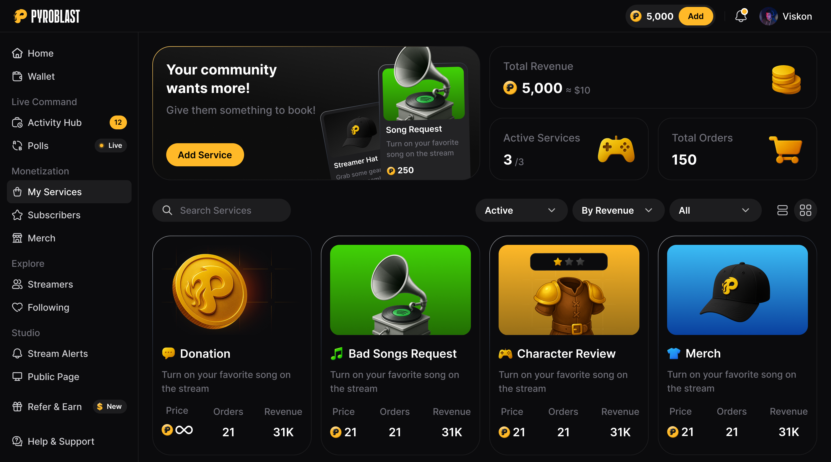 Pyroblast monetization dashboard